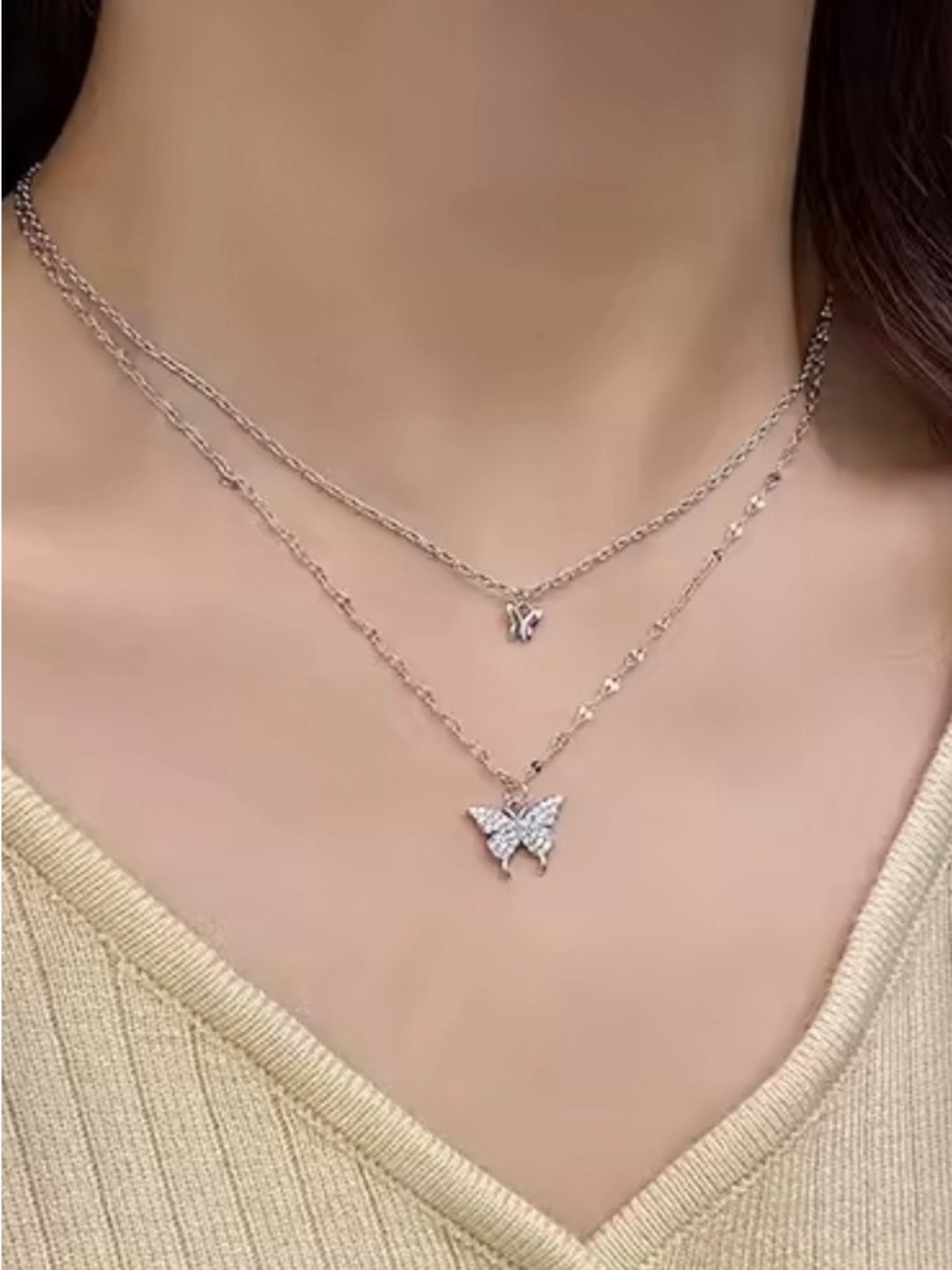 Italian Luxury Boutique Dainty Silver Tone Butterfly Layered Necklace NWOT